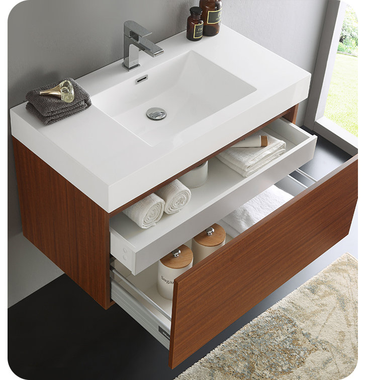 Modern Teak and Acrylic 35" Wall-Mounted Single Vanity