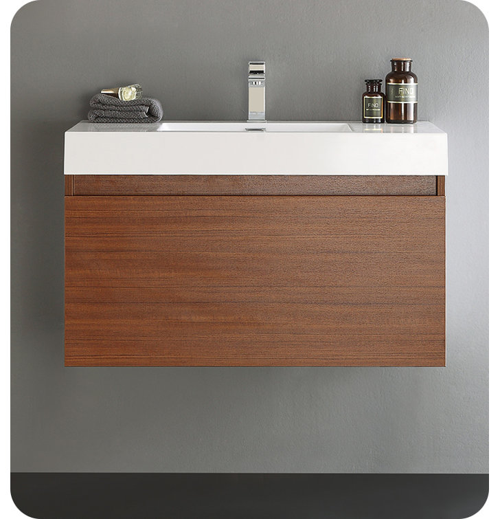 Modern Teak and Acrylic 35" Wall-Mounted Single Vanity