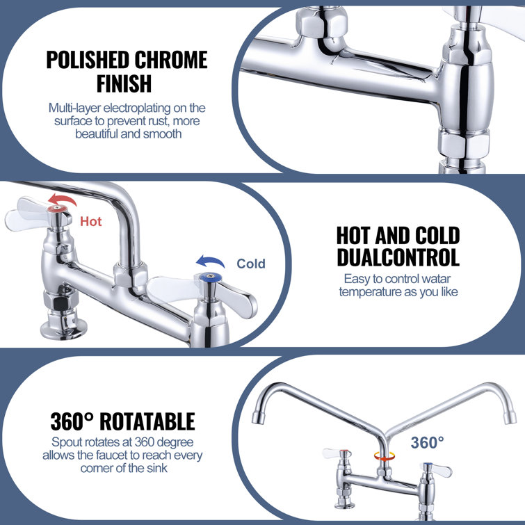 14" Chrome Double Handle Deck Mounted Kitchen Faucet with Swivel Spout