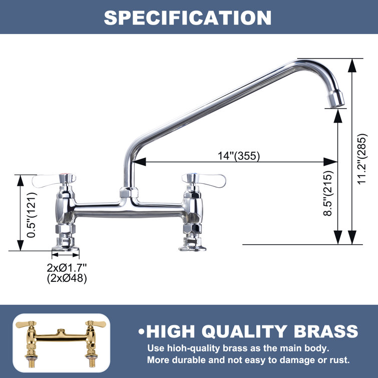 14" Chrome Double Handle Deck Mounted Kitchen Faucet with Swivel Spout