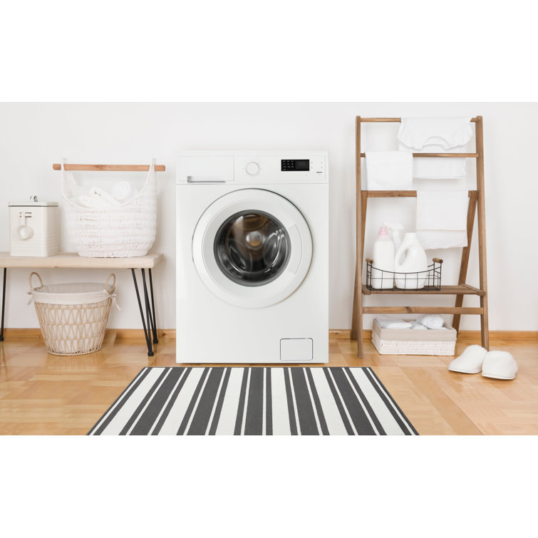 Dark Grey and White Stripe Tufted Runner Rug