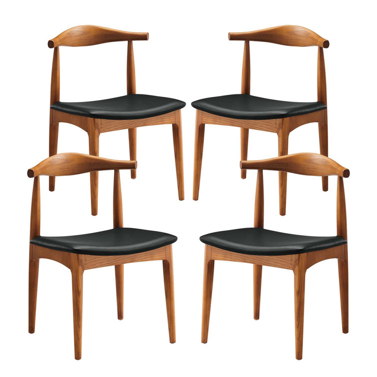 Mid-Century Curved Black Faux Leather and Wood Side Chair Set
