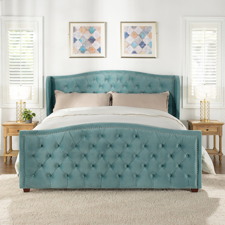 Arctic Blue Velvet Upholstered King Bed with Nailhead Trim