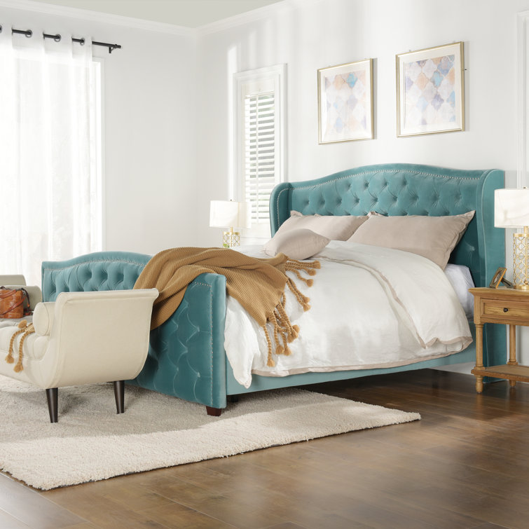 Arctic Blue Velvet Upholstered King Bed with Nailhead Trim