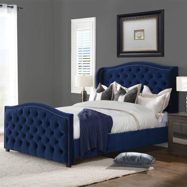 Navy Blue Velvet Tufted Queen Bed with Nailhead Trim
