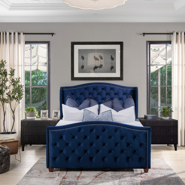 Navy Blue Velvet Tufted Queen Bed with Nailhead Trim