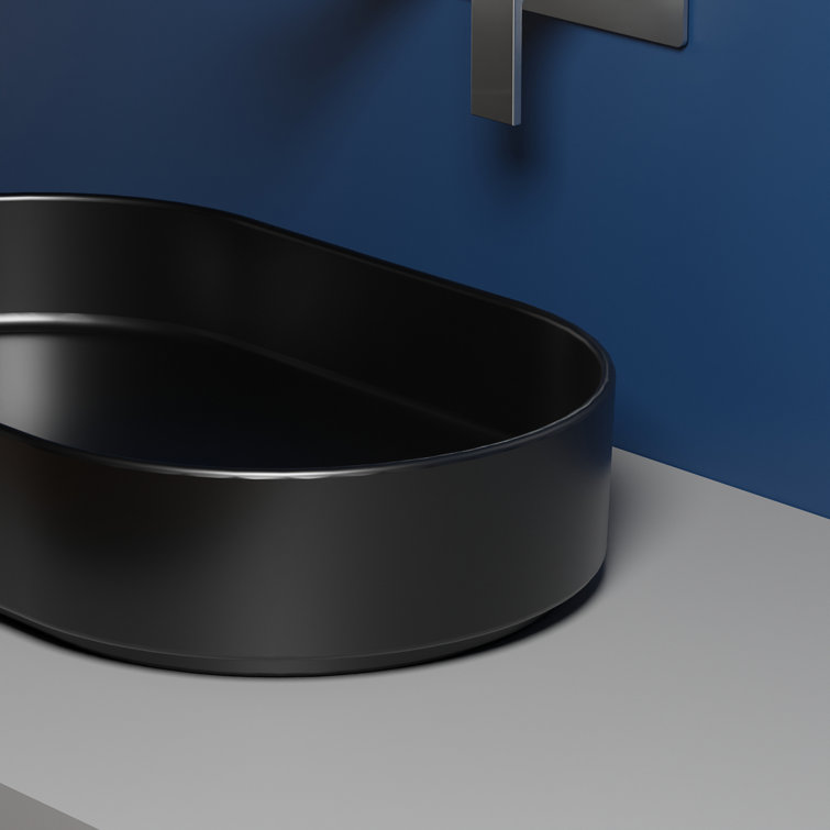 Matte Black Oval Ceramic Wall-Mount Bathroom Sink
