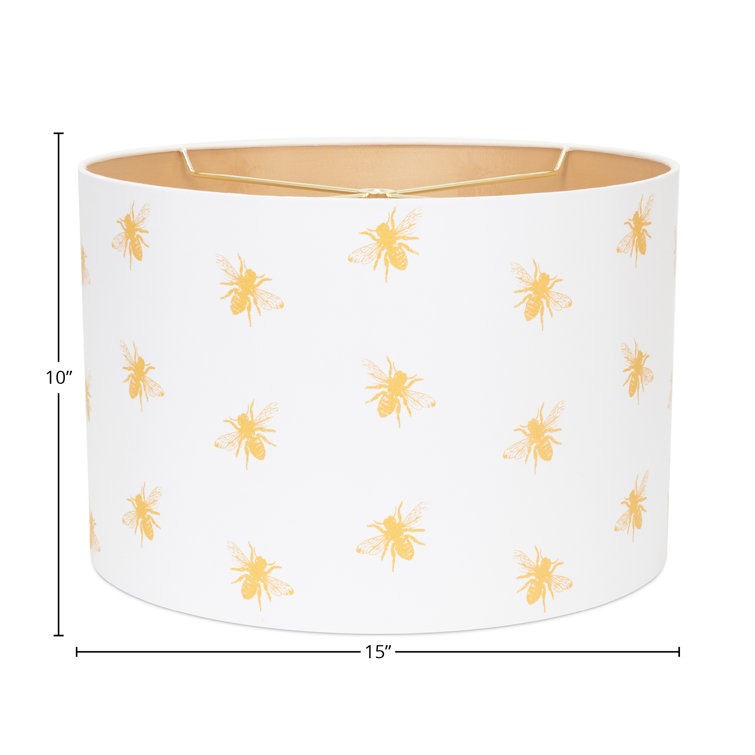 White and Gold Linen Drum Lamp Shade with Bee Pattern