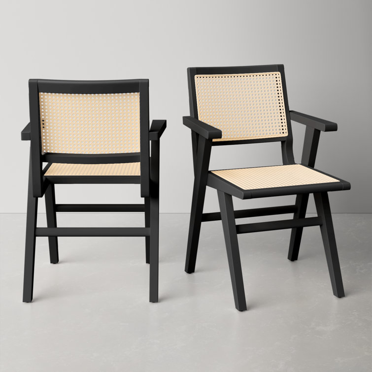 Elegant Coastal Black Wood and Natural Cane Armchair, 23"x33"