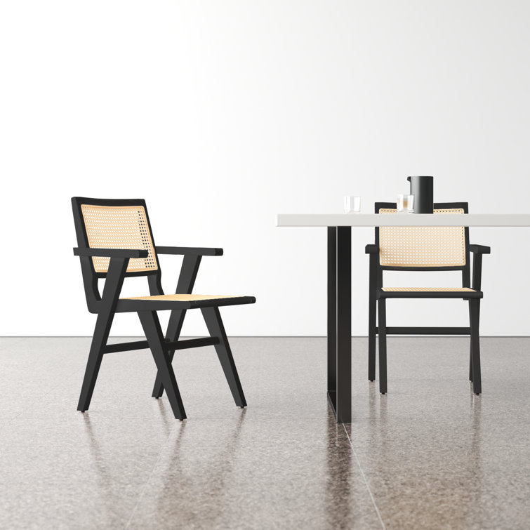 Elegant Coastal Black Wood and Natural Cane Armchair, 23"x33"