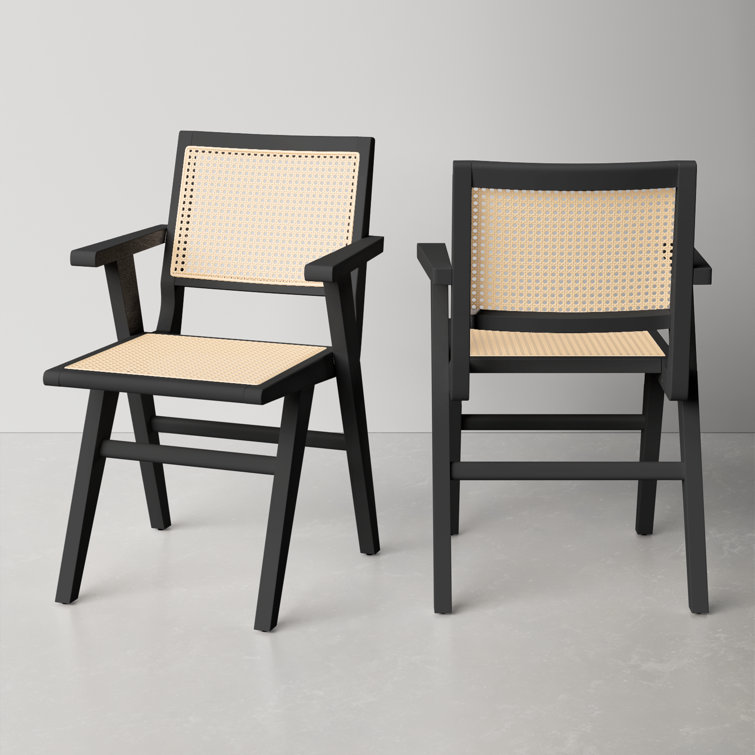 Elegant Coastal Black Wood and Natural Cane Armchair, 23"x33"