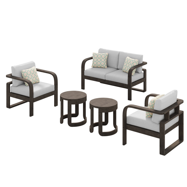 Light Brown Solid Wood 4-Person Outdoor Seating Set with Gray Cushions