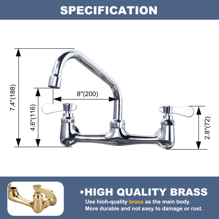 8" Dual Handle Polished Chrome Wall Mount Kitchen Faucet