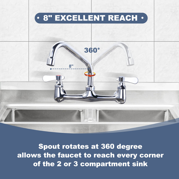8" Dual Handle Polished Chrome Wall Mount Kitchen Faucet