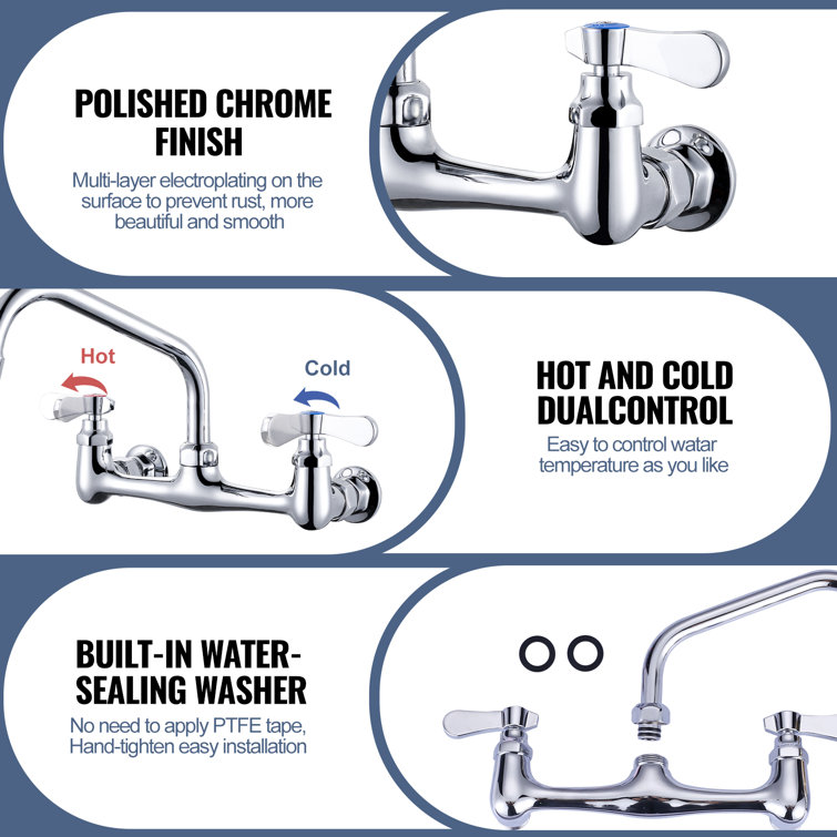 8" Dual Handle Polished Chrome Wall Mount Kitchen Faucet