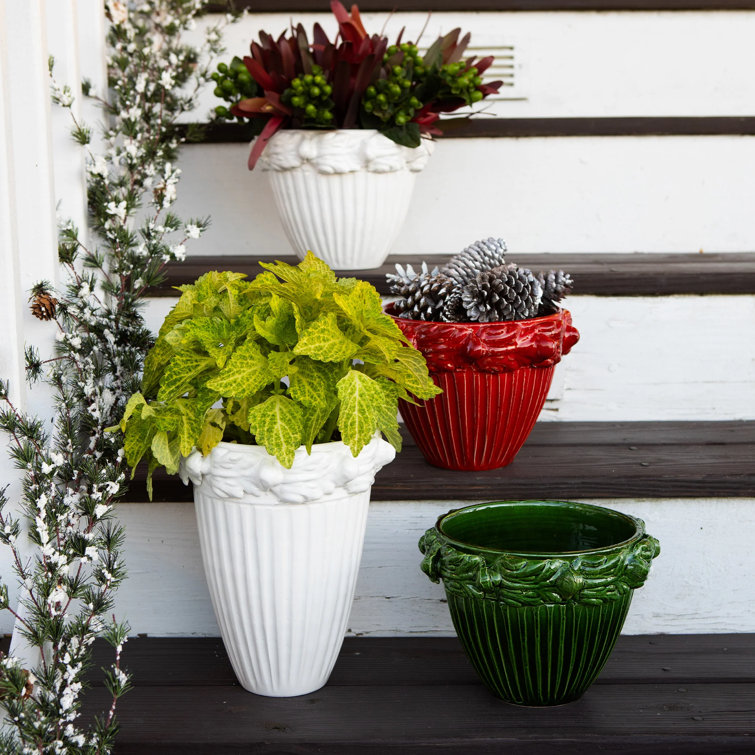 Red Ceramic Indoor Planter with Sculpted Acanthus Leaf Design