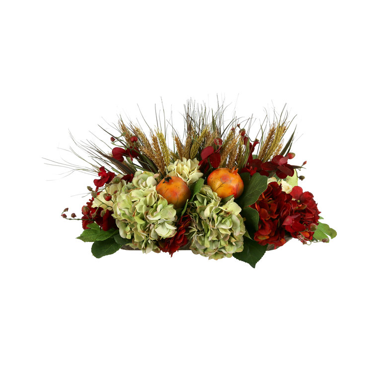 Fall Floral Centerpiece with Red Velvet Orchids and Hydrangeas