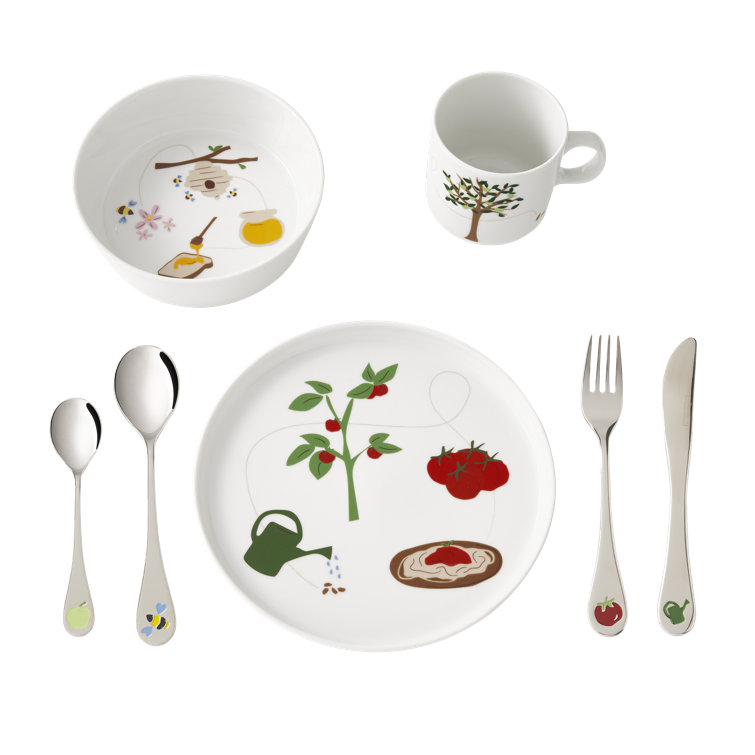 White Porcelain Children's Tableware and Cutlery Set with Floral Print