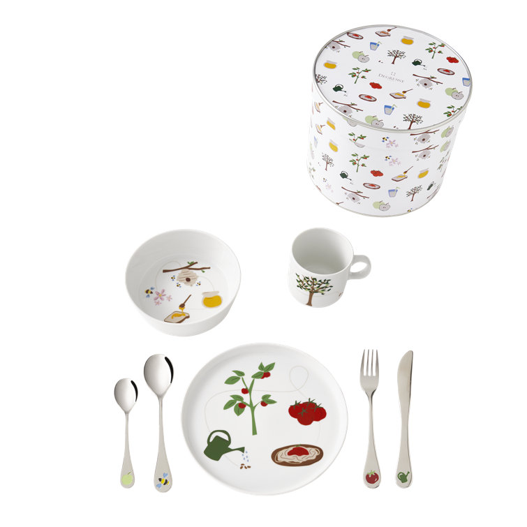 White Porcelain Children's Tableware and Cutlery Set with Floral Print