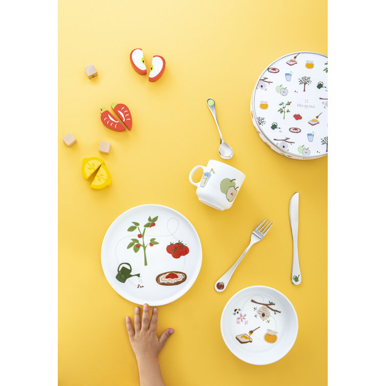 White Porcelain Children's Tableware and Cutlery Set with Floral Print
