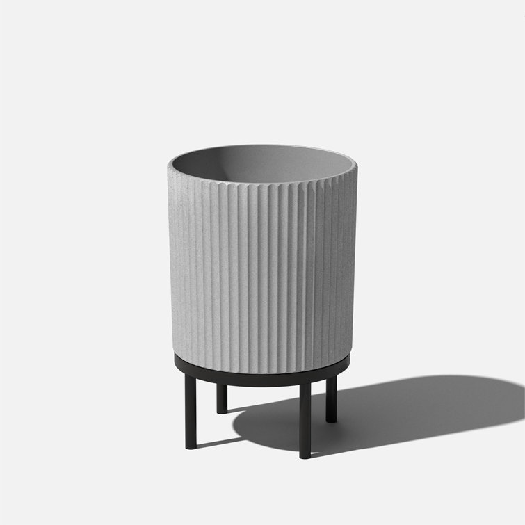 Gray and Black Fluted Planter with Acacia Wood Stand