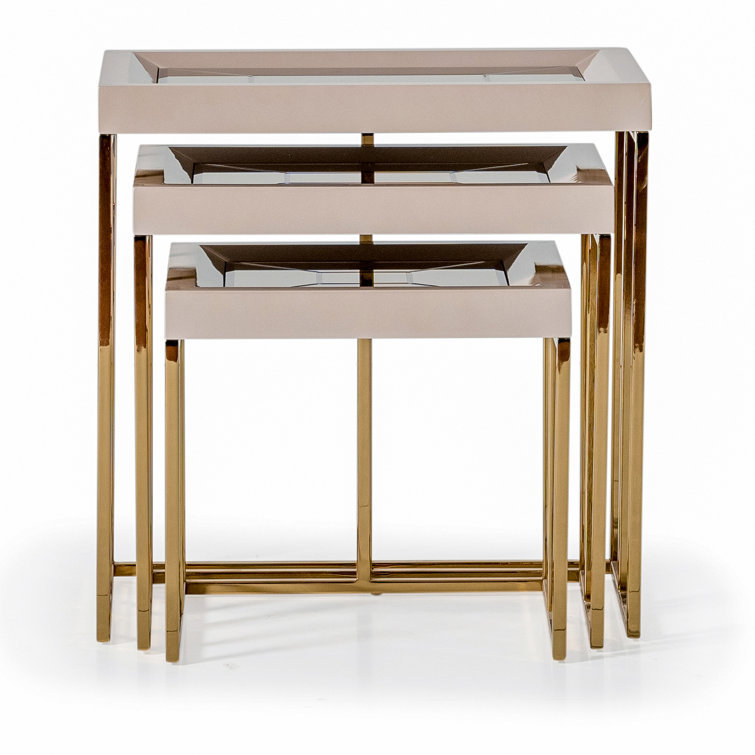 Ivory and Gold Mirrored Glass Nesting Tables Set