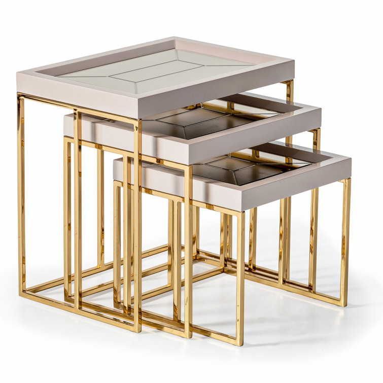 Ivory and Gold Mirrored Glass Nesting Tables Set
