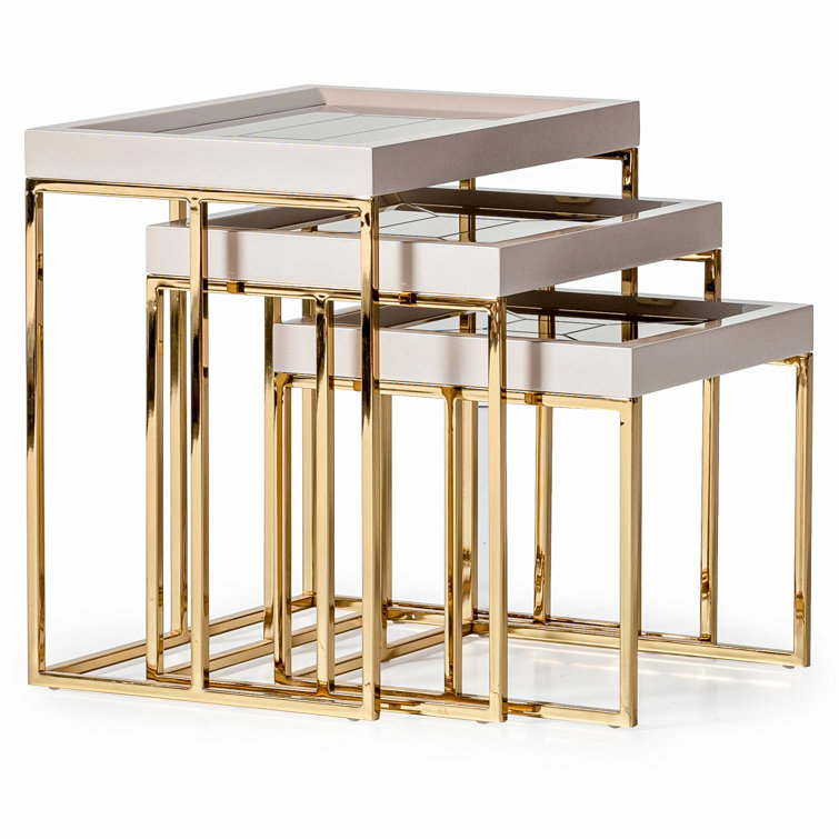 Ivory and Gold Mirrored Glass Nesting Tables Set