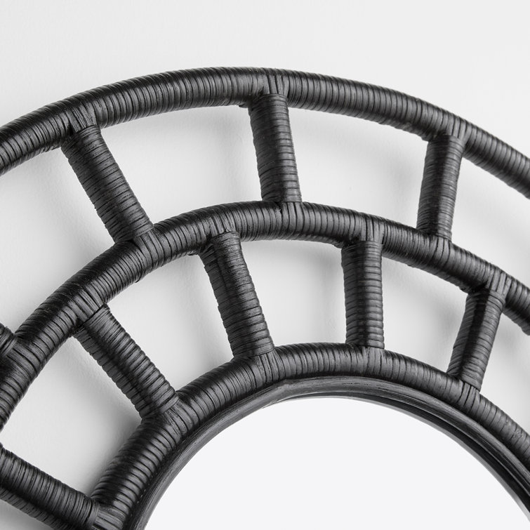 Comoros Black Rattan and Wood Round Wall Mirror
