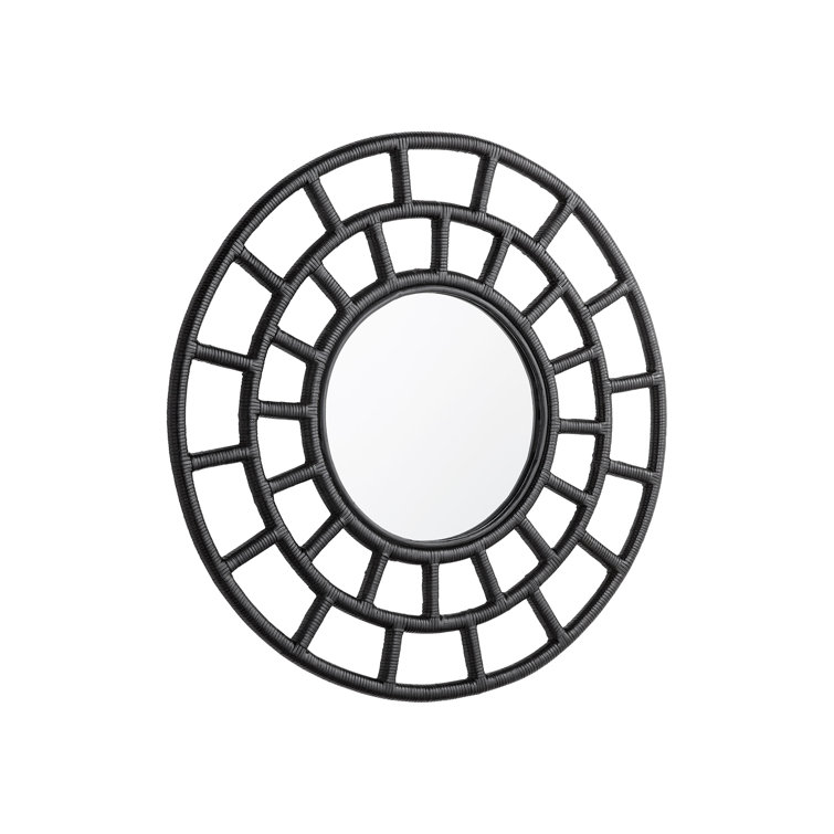 Comoros Black Rattan and Wood Round Wall Mirror