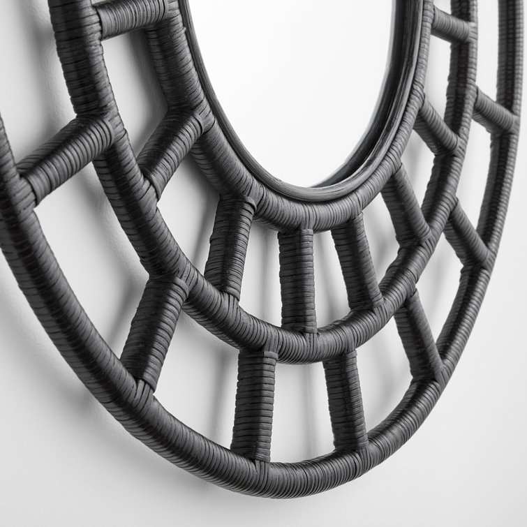 Comoros Black Rattan and Wood Round Wall Mirror