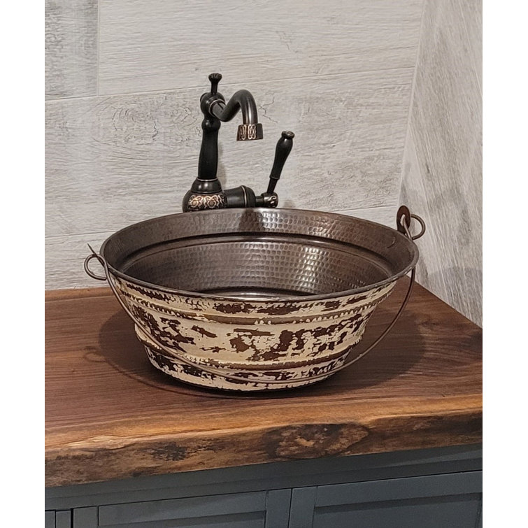 15" Round Copper Vessel Sink with Distressed Antique White Exterior