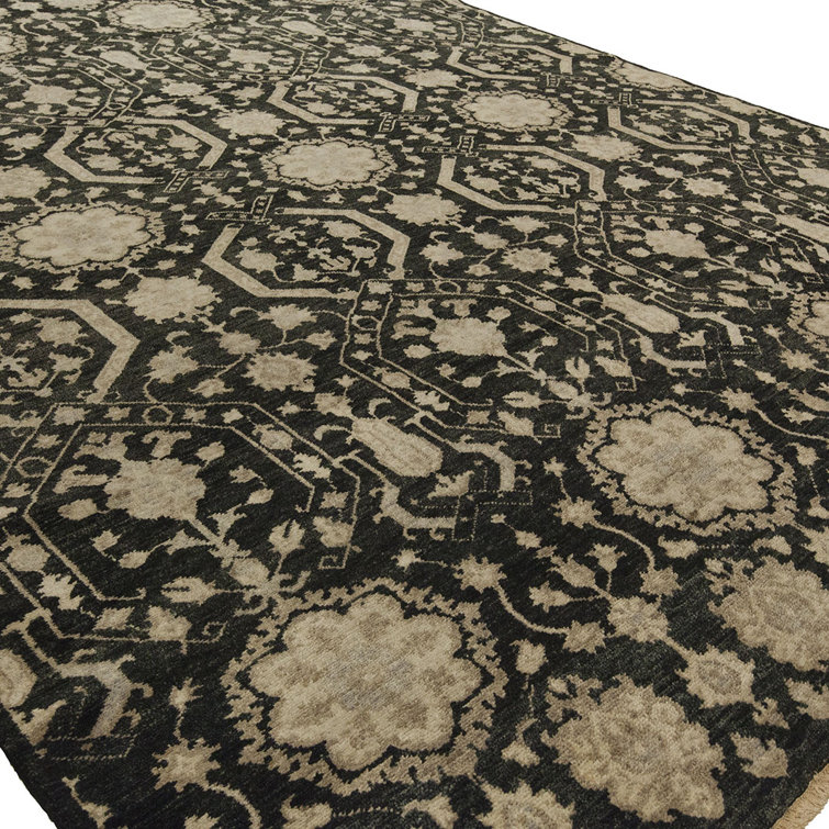 Hand-Knotted Black Wool Oriental Rectangular Rug 9' x 12'