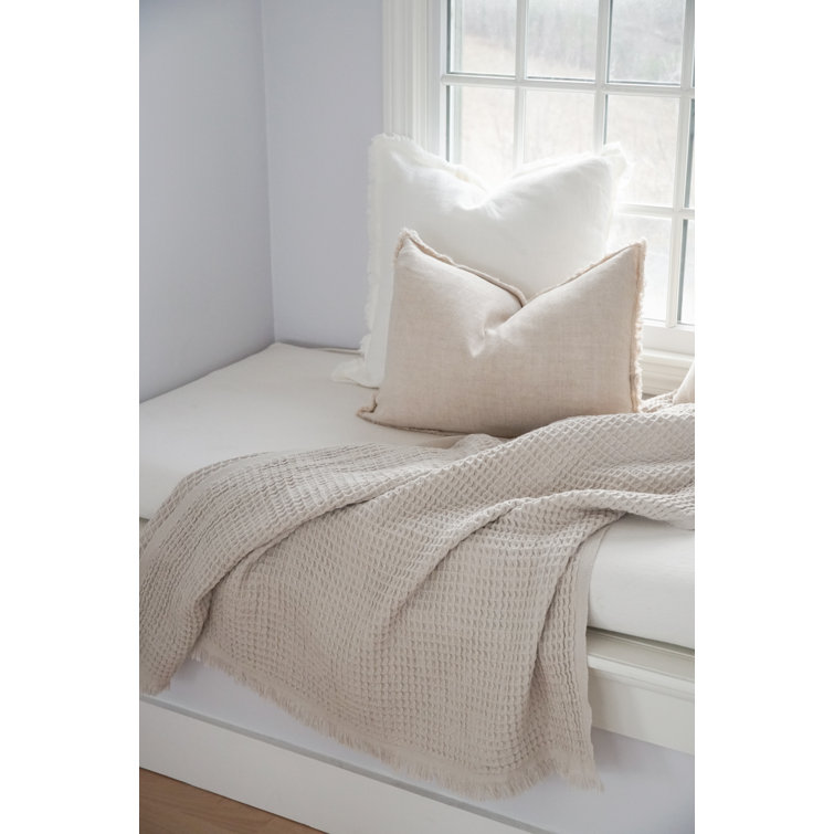 Beige Cotton Waffle Throw Blanket with Fringe