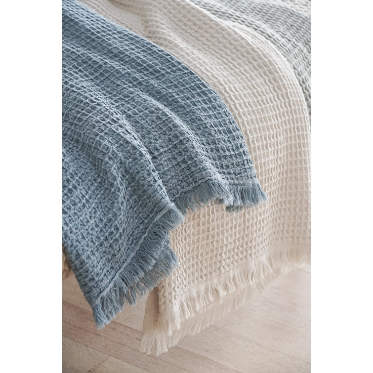 Vintage Blue Cotton Waffle Throw Blanket with Fringe