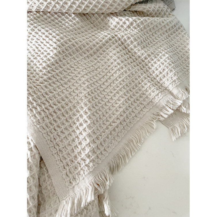 Beige Cotton Waffle Throw Blanket with Fringe