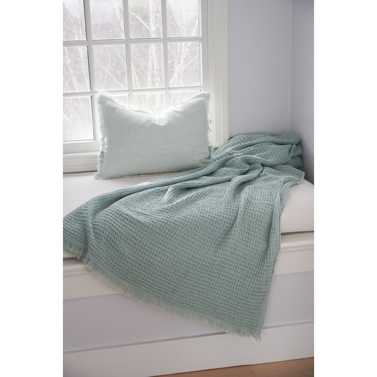 Vintage Blue Cotton Waffle Throw Blanket with Fringe