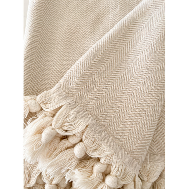 Beige Cotton Herringbone Throw Blanket with Tassels