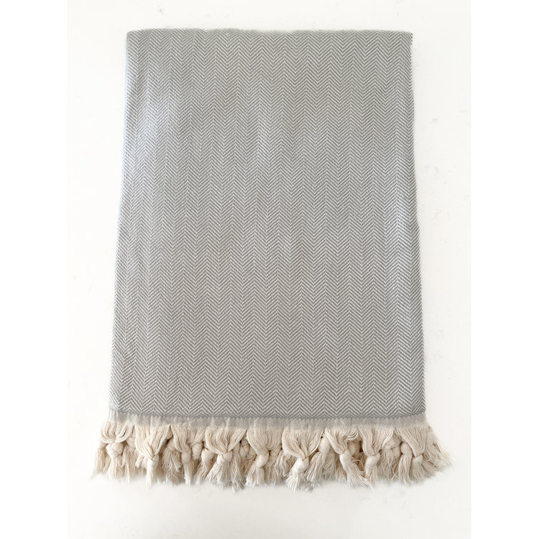 Gray Cotton Herringbone Throw Blanket with Tassels