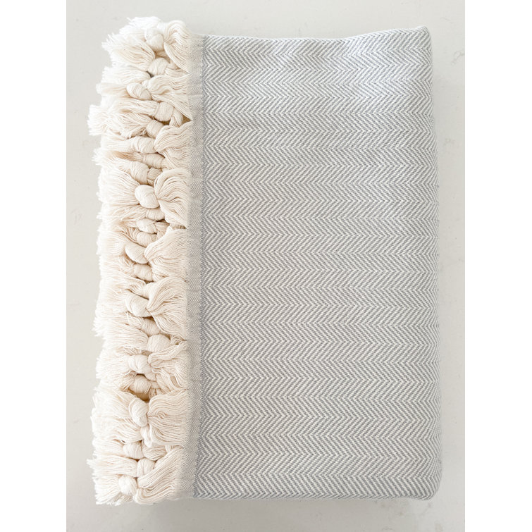 Gray Cotton Herringbone Throw Blanket with Tassels