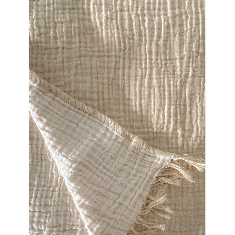 Crinkled Turkish Cotton Reversible Throw Blanket in Natural Yellow