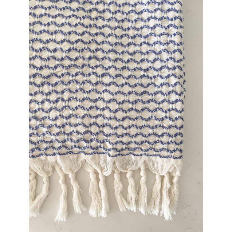 Blue Geometric Waffle Weave Cotton Beach Towel with Tassels
