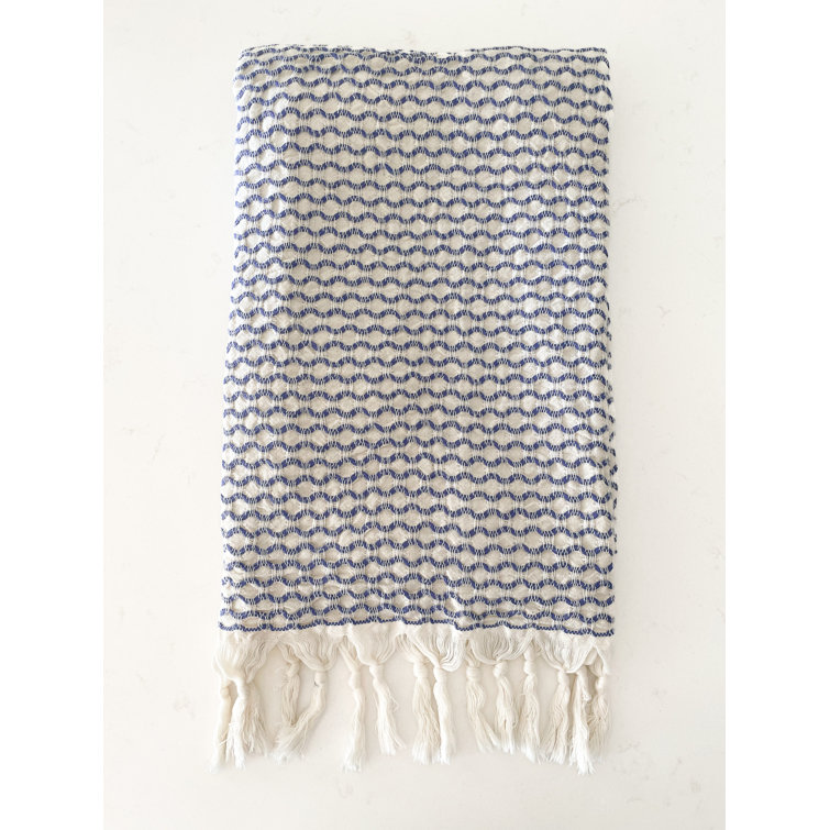 Blue Geometric Waffle Weave Cotton Beach Towel with Tassels