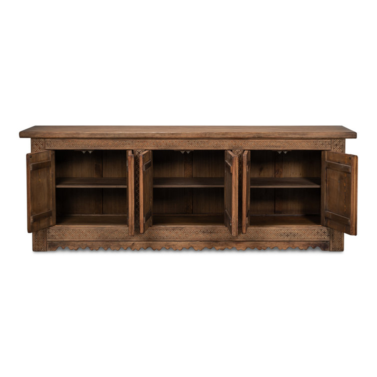 Persian 98'' Burnt Brown Carved Pine Sideboard with Silver Hardware
