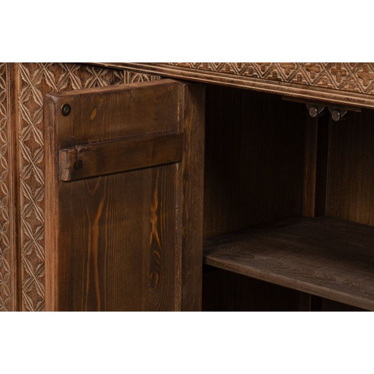 Persian 98'' Burnt Brown Carved Pine Sideboard with Silver Hardware