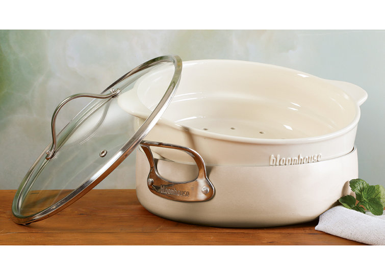 Oat White 6-QT Aluminum Enamel Everyday Pan with Ceramic Steamer