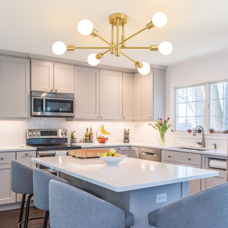 Gold 6-Light Sputnik Semi-Flush Mount Ceiling Fixture