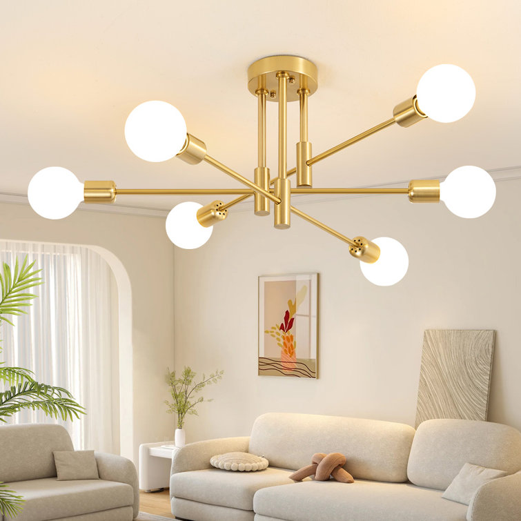 Gold 6-Light Sputnik Semi-Flush Mount Ceiling Fixture