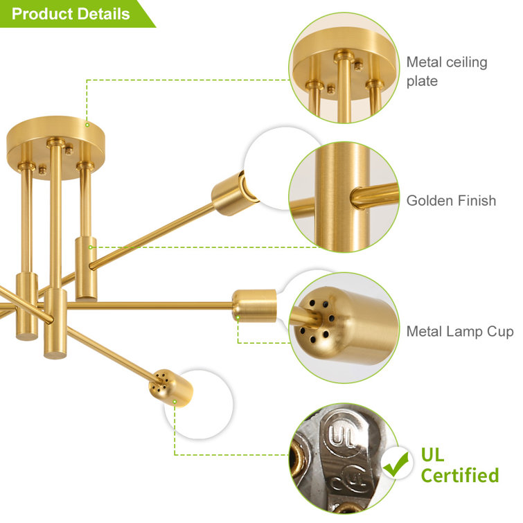 Gold 6-Light Sputnik Semi-Flush Mount Ceiling Fixture
