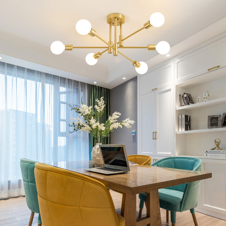 Gold 6-Light Sputnik Semi-Flush Mount Ceiling Fixture